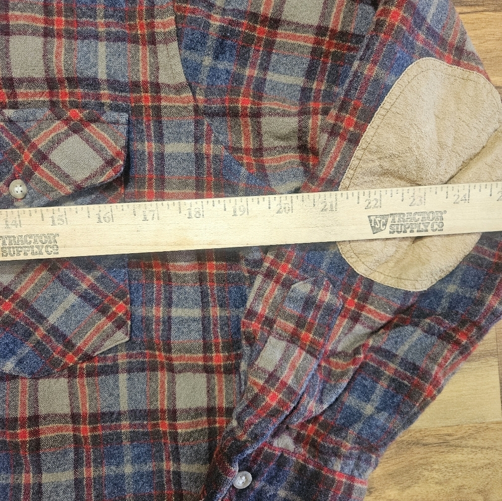 Vintage Pendleton LOBO 100% Wool Plaid Flannel Shirt Blue Brown Padded Elbows L - Picture 6 of 10